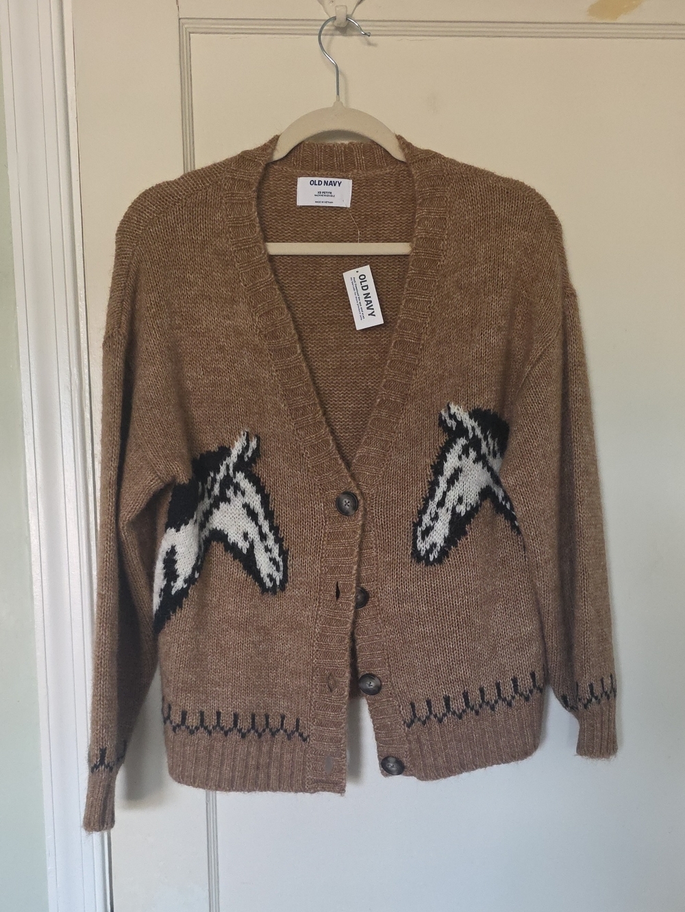 Old Navy Camel Brown Horse-Intarsia V-Neck Cardigan